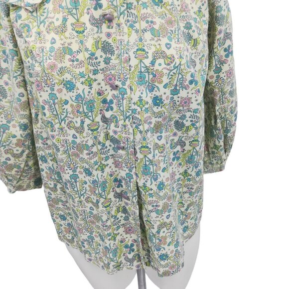 Vintage Handmade Button Front Tie Neck Bow 3/4 Sleeve Blouse Size L? Birds - Picture 7 of 12